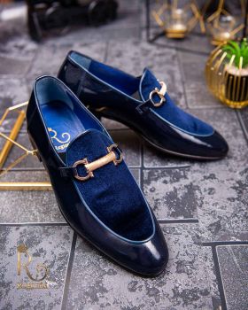 Pantofi Loafers de barbati bleumarin din piele naturala si catifea - P1393