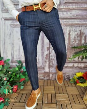 Pantaloni eleganți de bărbați, Slim Fit, Bleumarin cu dungi - PN586