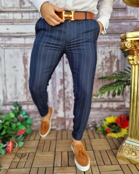 Pantaloni eleganți de bărbați, Slim Fit, Bleumarin cu dungi - PN586