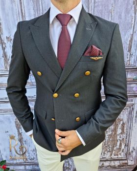 Sacou de barbati, Slim Fit, Blazer, gri inchis cu butoni metalici aurii - SC400