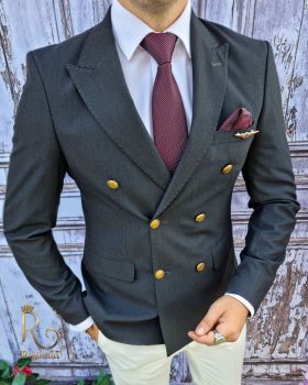 Sacou de barbati, Slim Fit, Blazer, gri inchis cu butoni metalici aurii - SC400