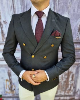 Sacou de barbati, Slim Fit, Blazer, gri inchis cu butoni metalici aurii - SC400