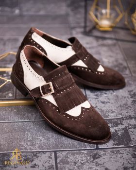 Pantofi Loafers maro/bej, cu catarama, piele intoarsa - P1797