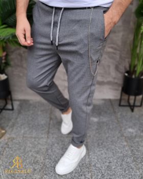 Pantaloni casual gri, cu snur si lant ,croiala conica, tiv intors- PN773