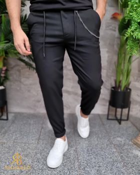 Pantaloni casual negru, cu snur si lant ,croiala conica, tiv intors- PN772