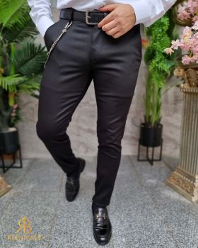 Pantaloni eleganti negri, cu lant, texturati, croiala conica- PN783