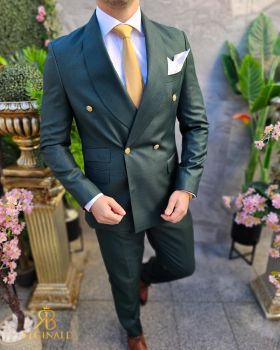 Costum elegant de bărbați, verde cu butoni aurii, Sacou si Pantalon - C4506