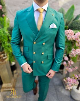 Costum elegant de bărbați, verde cu butoni aurii, Sacou si Pantalon - C4501