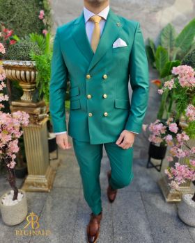 Costum elegant de bărbați, verde cu butoni aurii, Sacou si Pantalon - C4501