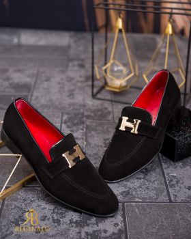 Pantofi de bărbați / Loafers din piele intoarsa cu accesoriu- P1812