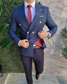 Sacou de bărbați, Double Breasted, Bleumarin, Slim Fit - SC876