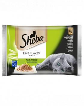 SHEBA Fine Flakes in Jelly Hrana umeda cu pește alb, somon, curcan și pui pentru pisici adulte 52 x 85 g