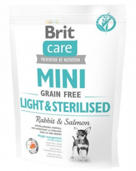 BRIT Care Grain Free Mini Light&amp;Sterilised hrana uscata caini adulti talie mica cu tendinta de ingrasare, somon si iepure 400g