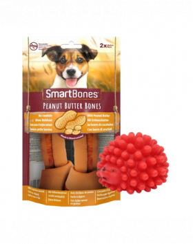 SMART BONES Medium Recompense pentru caini, cu unt de arahide si pui x 2 + minge GRATIS