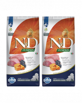 FARMINA N&amp;D GF Puppy Medium&amp;Maxi Pumpkin Lamb&amp;Blueberry hrana uscata catei talie medie si mare, cu dovleac, miel si afine 24 kg (2 x 12 kg)