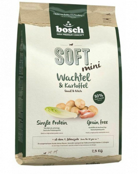 BOSCH Soft Mini Hrană uscată pentru câini de rase mici cu prepeliță și cartofi 2,5 kg + recompense biscuit cu carne de strut si vanilie 300 g