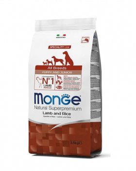 MONGE Puppy&amp;Junior hrana uscata pentru catelusi de toate rasele, cu miel, orez si cartofi 2,5 kg