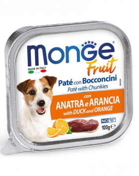 MONGE Fruit Dog Hrana umeda pentru caini, pate cu rata si portocala 100g