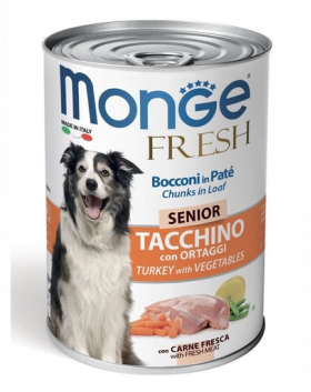 MONGE Fresh Dog Senior hrană umedă pentru câini seniori, curcan și legume 400g