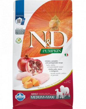 N&amp;D Pumpkin Chicken &amp; Pomegranate Adult Medium &amp; Maxi 2.5 kg hrana caini adulti talie medie/mare, pui si rodie