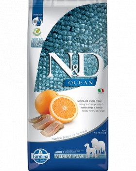 FARMINA N&amp;D Ocean Dog Adult Herring&amp;Orange Medium&amp;Maxi hrana uscata caini adulti talie medie/mare, hering si portocale 12 kg