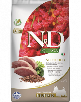 FARMINA N&amp;D Quinoa Hrana pentru caini sterilizati de talie mica, cu rata, broccoli si sparanghel 2,5 kg