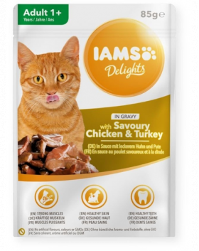 IAMS Cat Adult All Breeds Chicken &amp; Turkey In Gravy Hrana umeda pentru pisici adulte, cu pui si curcan 85 g