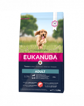 EUKANUBA Dog Base Adult Small &amp; Medium Breeds Salmon &amp; Barley hrana uscata caini adulti talie mica/medie, cu somon si orz 2.5 kg