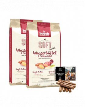 BOSCH Soft Maxi Hrana uscata pentru caini talie mare, bivol si cartofi dulcei 2 x 12,5 kg + recompense sticks 7 buc