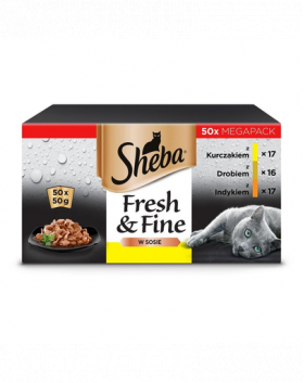 SHEBA Fresh&amp;Fine 50x50 g plicuri in sos pentru pisici, cu pui, pasari de curte si curcan