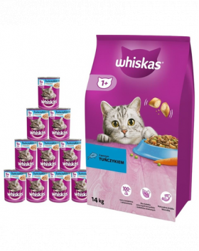 WHISKAS Adult 14kg cu ton si legume + conserve pisica 24x400g