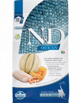 FARMINA N&amp;D Ocean Hrana uscata pentru pisoi, pisici gestante si care alapteaza, cu cod, creveți, dovleac si pepene galben - 1,5 kg