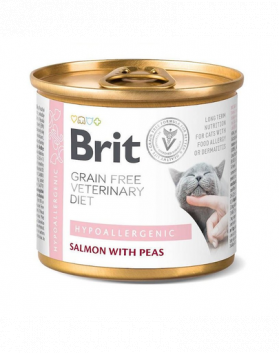 BRIT Veterinary Diet Hypoallergenic Salmon&amp;Pea pentru pisici cu alergii alimentare, hrana umeda 200 g