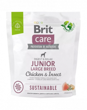 BRIT Care Sustainable Junior Large Breed 1 kg Hrana uscata catei de talie mare, cu pui si insecte