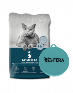 ARISTOCAT Bentonite Plus Nisip pentru litiera pisicilor, din bentonita 25 L + FERA Capac pentru conserve hrana umeda