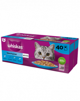 WHISKAS Adult plicuri 40 x 85 g Fish Snacks - hrana completa umeda pentru pisici adulte, in jeleu (bucati cu: somon, ton, cod, peste alb)