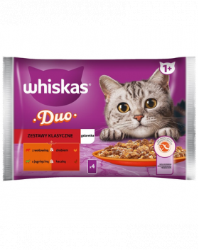 WHISKAS Adult Set plicuri hrana umeda pisica 4x85 g Classic Meals bucati de vita, pasare, miel si rata in jeleu