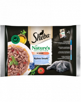 SHEBA Nature’s Collection Hrana umeda pliculet Fish Flavours pentru pisici adulte in sos, ton si ulei de in 52x85g