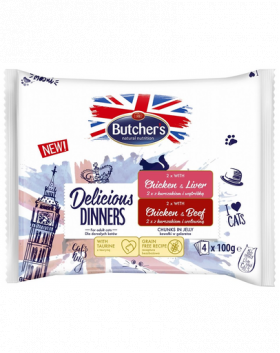 BUTCHER'S Delicious Dinners hrana pisica, bucati carne gelatina in aspic 4x100g cu pui si ficat, cu pui si vita