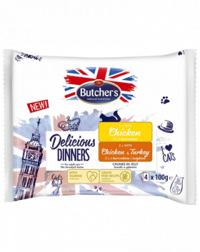 BUTCHER'S Delicious Dinners hrana in aspic, pentru pisici adulte 4x100g cu pui, cu pui si curcan