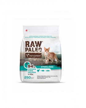 VETEXPERT Raw Paleo Sterilised Chicken&amp;Tuna&amp;Salmon Hrana uscata pisici sterilizate, cu pui, ton si somon 250 g