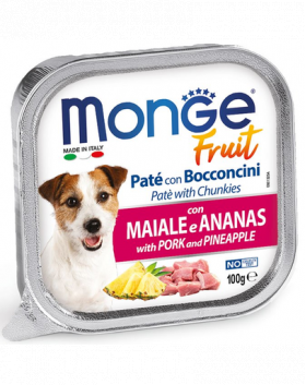 MONGE Fruit Dog hrana umeda pentru caini sub forma de pate, cu porc si ananas 100 g