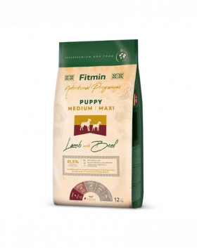 FITMIN Dog Nutritional Programme Medium Maxi Puppy Lamb&amp;Beef 12 kg Sac hrana catei talie medie si mare, cu miel si vita