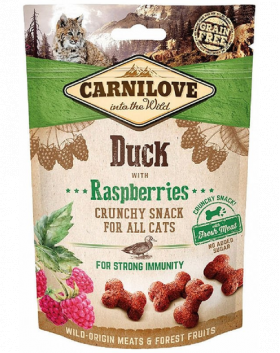 CARNILOVE Crunchy Snacks recompense pentru pisici, cu rata si zmeura 50 g