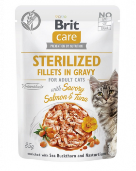 BRIT CARE Fillets in Gravy Pouch Sterilized Savory Salmon&amp;Tuna 24x85g hrana pentru pisici sterilizate cu somon si ton