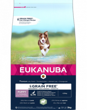 EUKANUBA Grain Free S/M Puppy 3 kg Hrana uscata catei talie mica si medie, cu miel