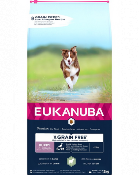 EUKANUBA Grain Free S/M Puppy 12 kg sac hrana ceti taie mica si medie, cu miel