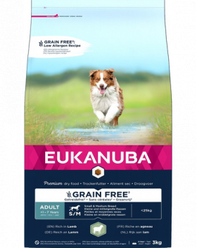 EUKANUBA Grain Free S/M Adult 3 kg Hrana caine talie mica sau medie, cu miel