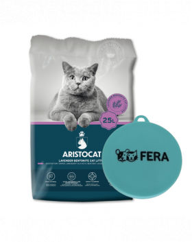 ARISTOCAT Bentonite Plus Nisip pentru litiera pisicilor, din bentonita cu lavanda 25 L + FERA Capac pentru conserve hrana umeda