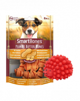 SMART BONES Mini Recompense caini talie mica, cu unt de arahide si pui x 2 + minge GRATIS